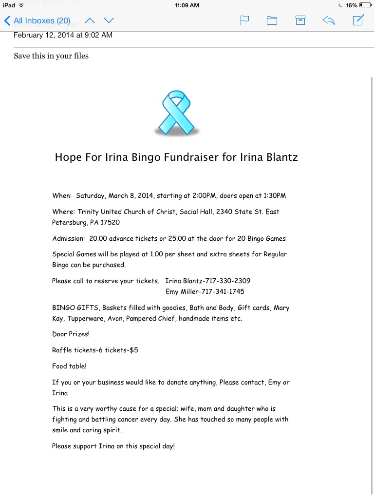 Hope for Irina Bingo Benefit