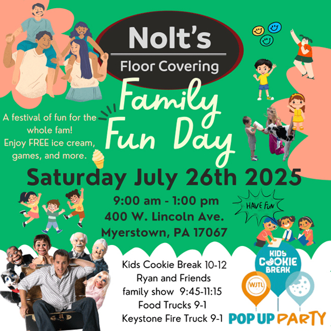 Winning Wednesday, July 23rd: Win 4 meals at the hot dog and hamburger tent during Nolt’s Family Fun Day this Saturday + a $50 gift card to Nolt’s Flooring